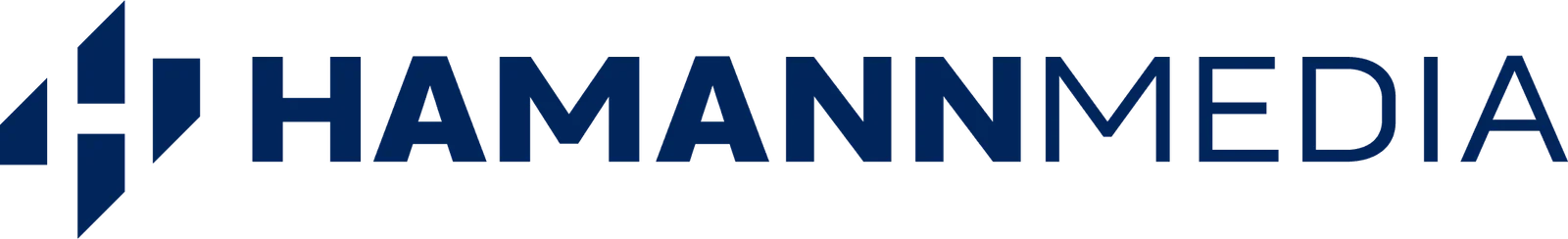Logo von Hamann Media mit blauem Schriftzug und stilisiertem Symbol links.